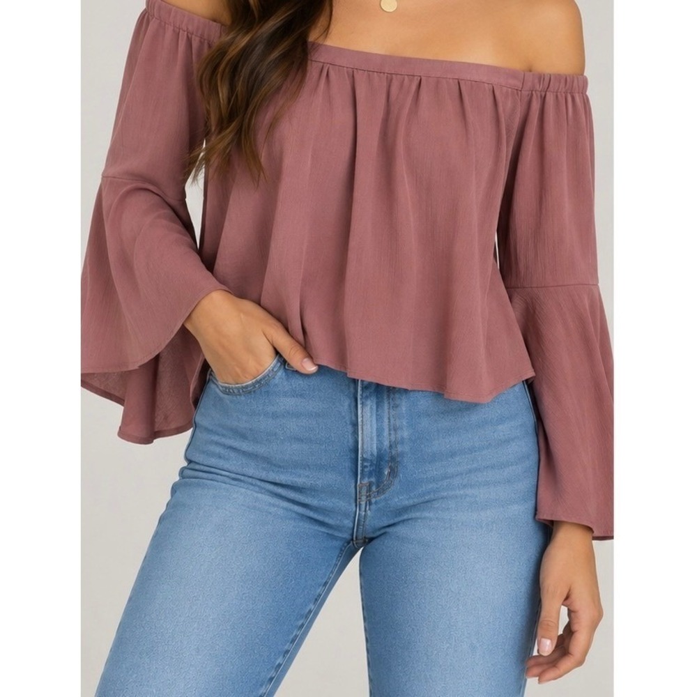 Off The Shoulder Bell Sleeve Blouse Dusty Rose Mauve Boho Flowy Top Size-M